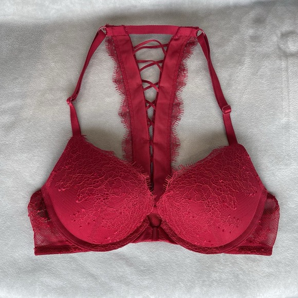Victorias Secret 32A Bra Red Lace Very Sexy Push Up Racerback Front Closure - Picture 1 of 6